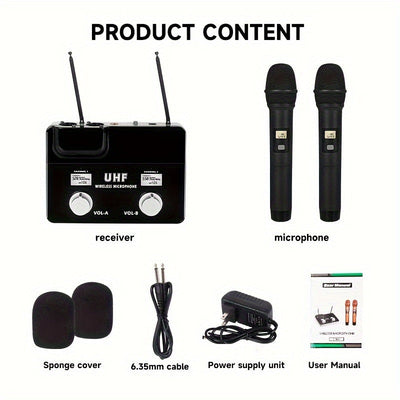 1pc AmaceX KU-63 Sistema de micrófono inalámbrico profesional UHF, sistema de karaoke portátil de 2 canales con captación omnidireccional, conector de 3,5 mm, fuente de alimentación de 110-130V, enchufe de EE. UU., no requiere batería