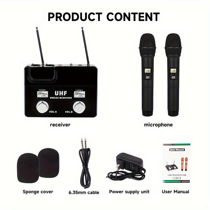 1pc AmaceX KU-63 Sistema de micrófono inalámbrico profesional UHF, sistema de karaoke portátil de 2 canales con captación omnidireccional, conector de 3,5 mm, fuente de alimentación de 110-130V, enchufe de EE. UU., no requiere batería
