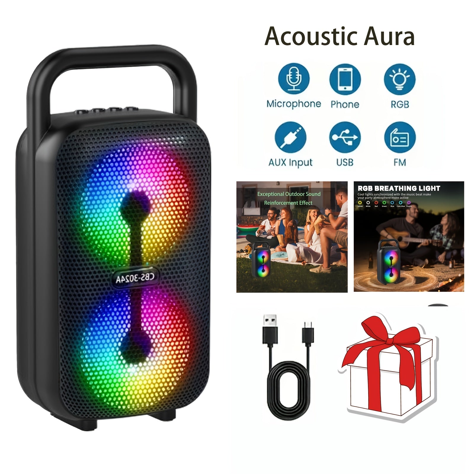 Altavoz inalámbrico portátil con efecto de iluminación colorida, altavoz de bajo pesado, capacidad de 2400mAh, carga por tipo C, compatibilidad con tarjetas USB FM TF, AUX, MIC, control de botones y palancas, adecuado para bailes al aire libre, karaoke d
