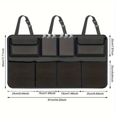 1 Organizador de Maletero y Asiento de Coche Duradero en Poliéster - Bolsa Plegable con 8 Bolsillos y Correas Ajustables, Ideal para Herramientas, Botellas y Accesorios, Perfecto para Almacenamiento en el Vehículo
