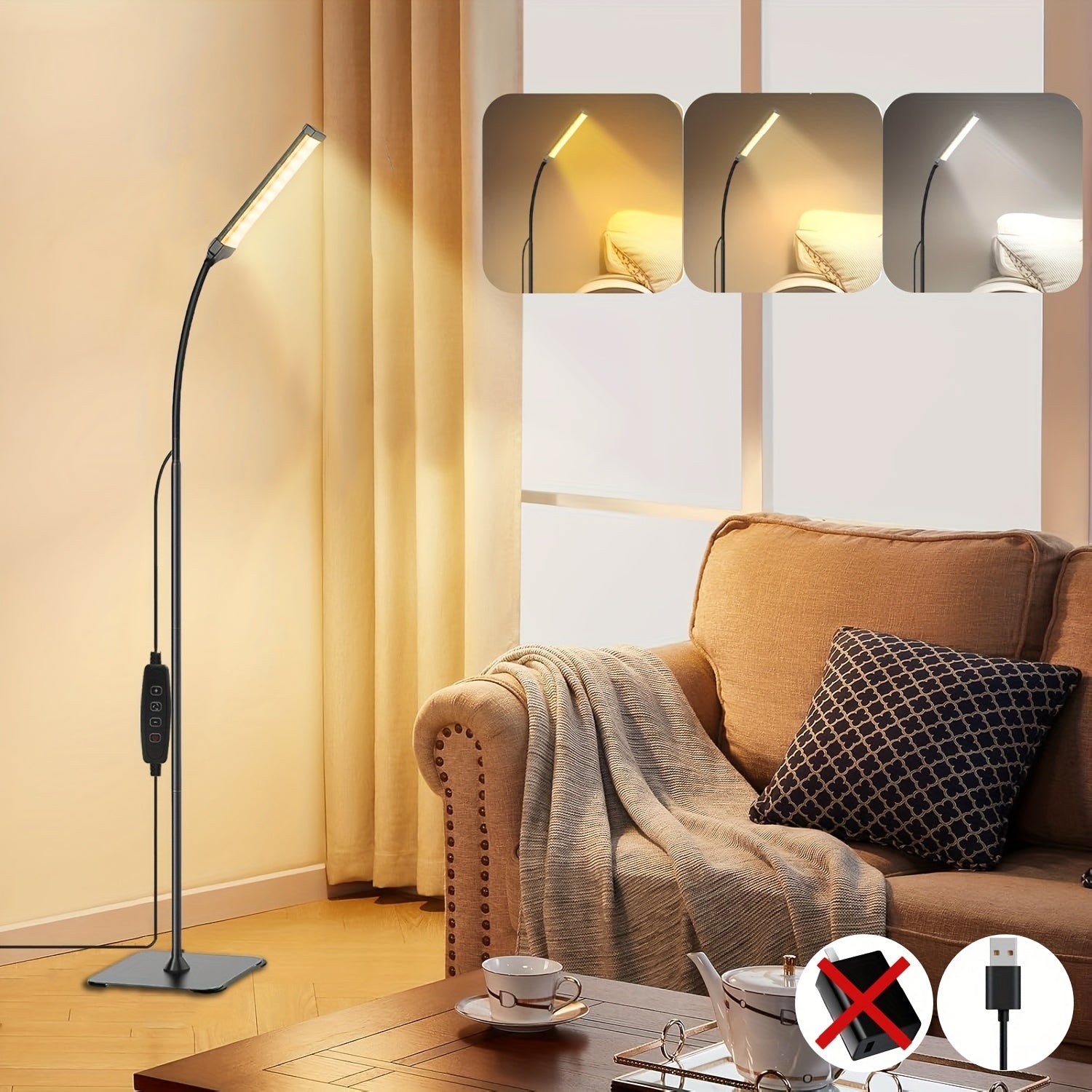 Yogle Lámpara de Pie LED Moderna con Rotación 360° y Brillo Ajustable, Control Remoto USB, 3 Temperaturas de Color, Diseño Cuello de Ganso & Base Metálica Resistente para Sala de Estar, Dormitorio, Estudio - /Blanco, Iluminación Minimalista, Posicionamie