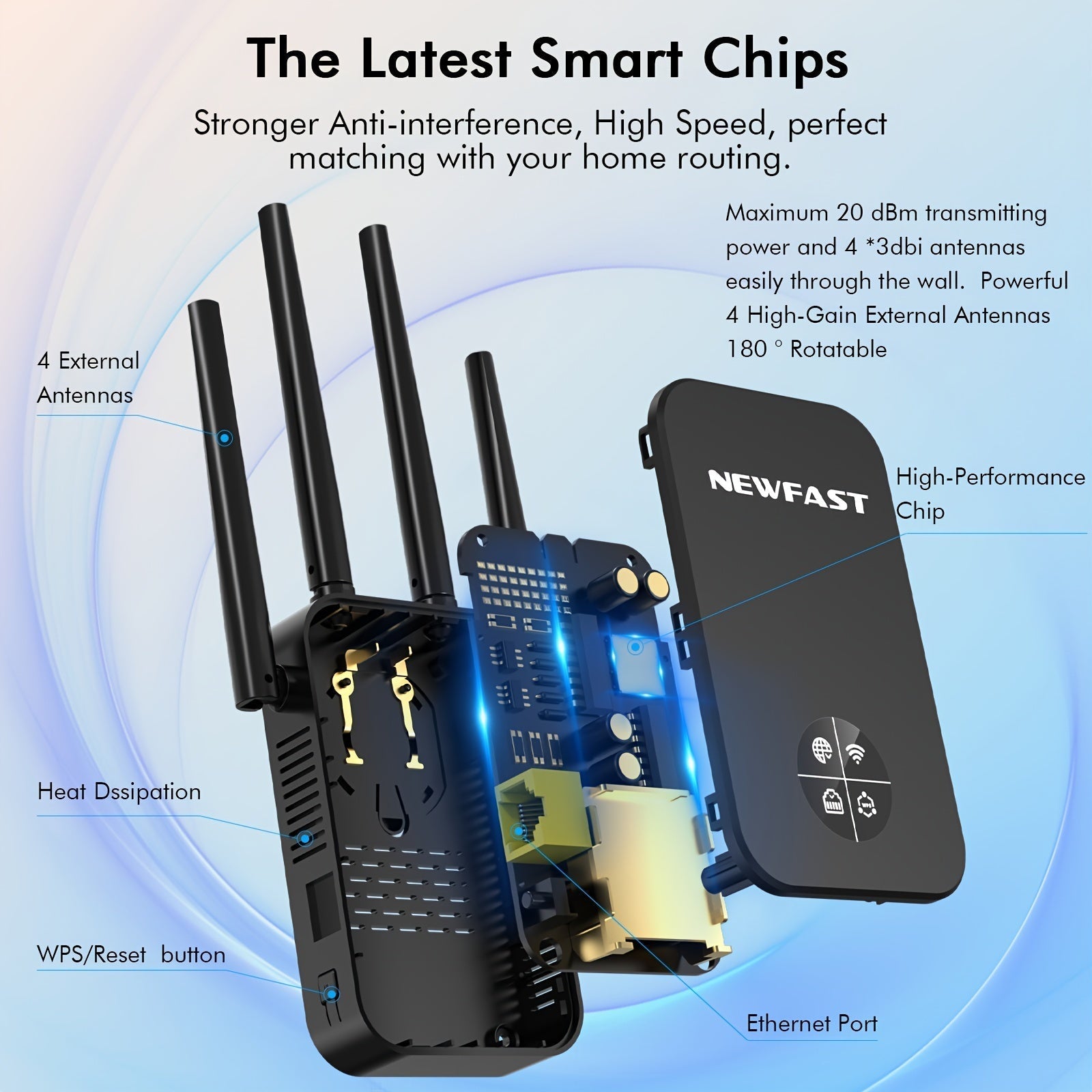 Repetidor Extenso de WiFi NEWFAST 1200Mbps, Modelo OLED 5G AC1200 con 4 Antenas, Amplificador de Largo Alcance, Enchufe Estadounidense, Compatible con 802.11ac, Repetidor Inalámbrico de Alta Potencia para Mejorar el Rango de la Red, Extensor de Wifi