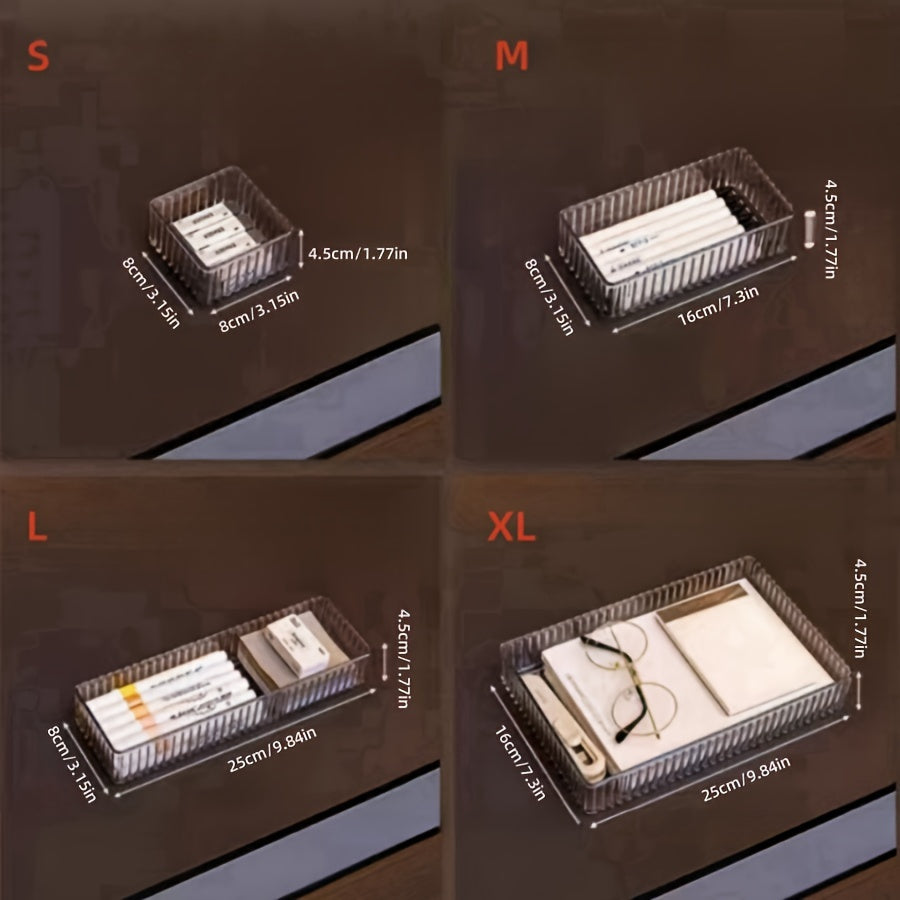 Conjunto de 7 piezas/8 piezas de cajón acrílico con caja de almacenamiento de cosméticos incorporada, organizador de productos para el cuidado de la piel para mesa de tocador con divisores, y el conjunto tiene múltiples combinaciones de tamaños, Organiza