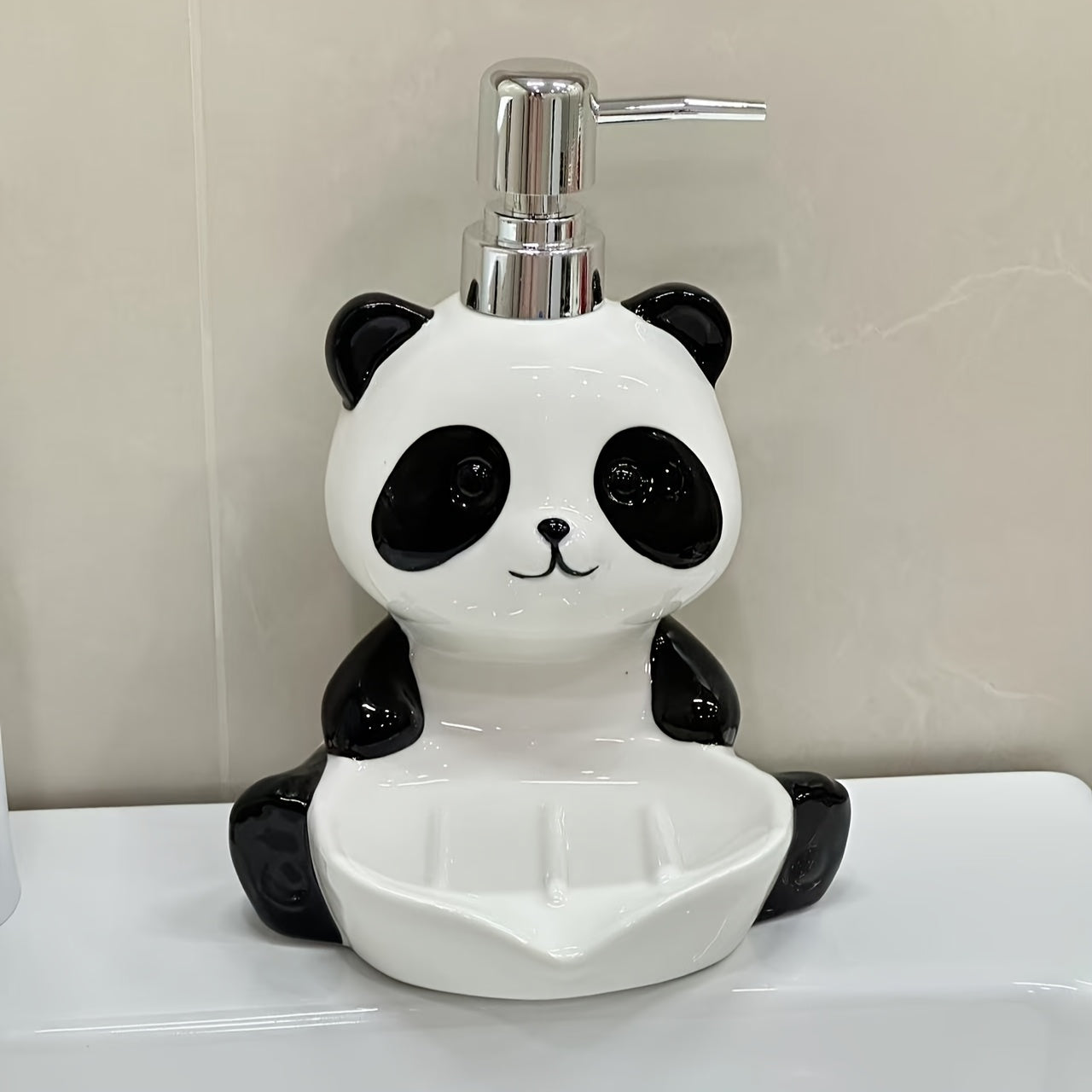 Porta jabón y dispensador de loción 2 en 1 con diseño de panda, multifuncional para baño, cocina o dormitorio, independiente, sin necesidad de electricidad, ideal para jabón, champú, gel de baño, detergente y accesorios de baño