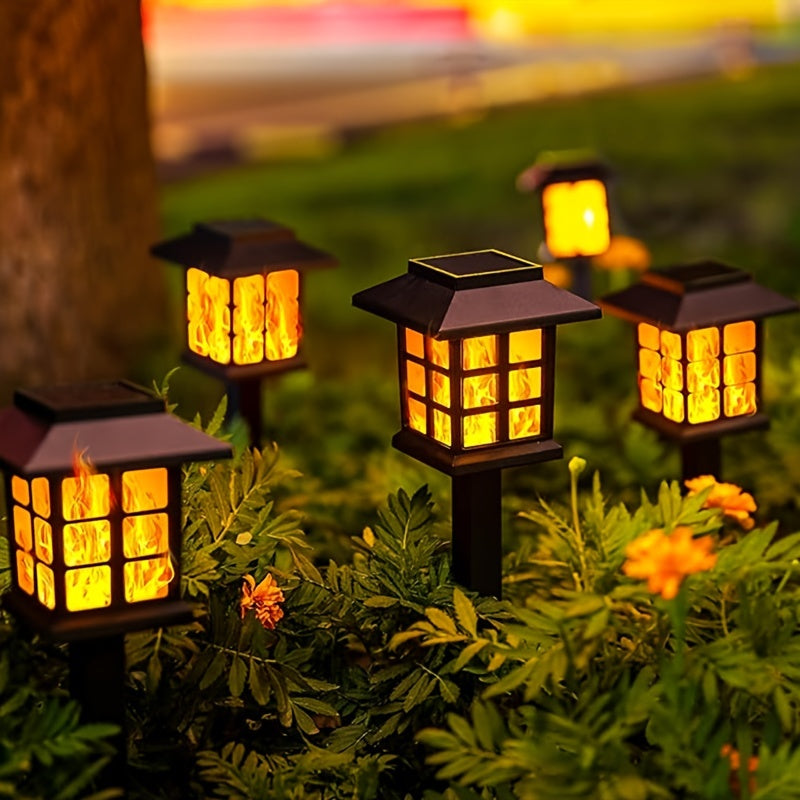 Conjunto de 6 Luces Solares para Caminos con Llama LED - Decoración Exterior para Jardín y Césped, Resplandor Amarillo Cálido, Vida Útil de la Batería de 10 Horas, con Acentos de Cristal, Ideal para Navidad, Patios y Paisajismo, Luces Solares para Jardín