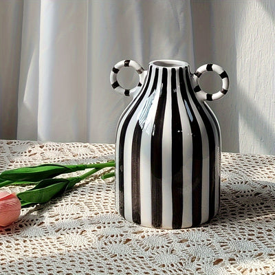 1pc Jarrón de cerámica con rayas, estilo creativo y sencillo, con dos asas, forma cilíndrica redonda, decoración para el hogar y la cocina, no requiere energía, no incluye batería