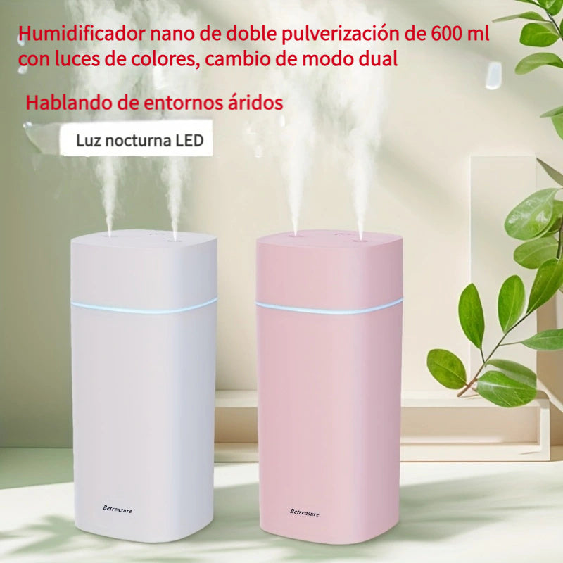 Humidificador portátil de 600 ml con doble orificio USB, tecnología de ondas de sonido silenciosas, niebla fresca con cambios de iluminación colorida, modo dual, apagado automático, enchufe USB hasta 6 horas, incluye aromaterapia para iluminación ambient