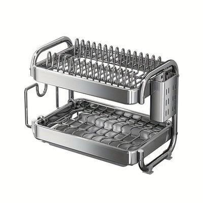 1 juego de escurridor de platos de acero inoxidable 201 grande, con 2 o 3 niveles, soporte para tazas, organizador de utensilios y repisa para escurrir, color plateado, para mesón de cocina