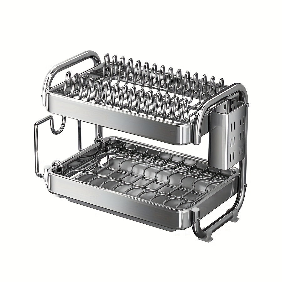 1 juego de escurridor de platos de acero inoxidable 201 grande, con 2 o 3 niveles, soporte para tazas, organizador de utensilios y repisa para escurrir, color plateado, para mesón de cocina