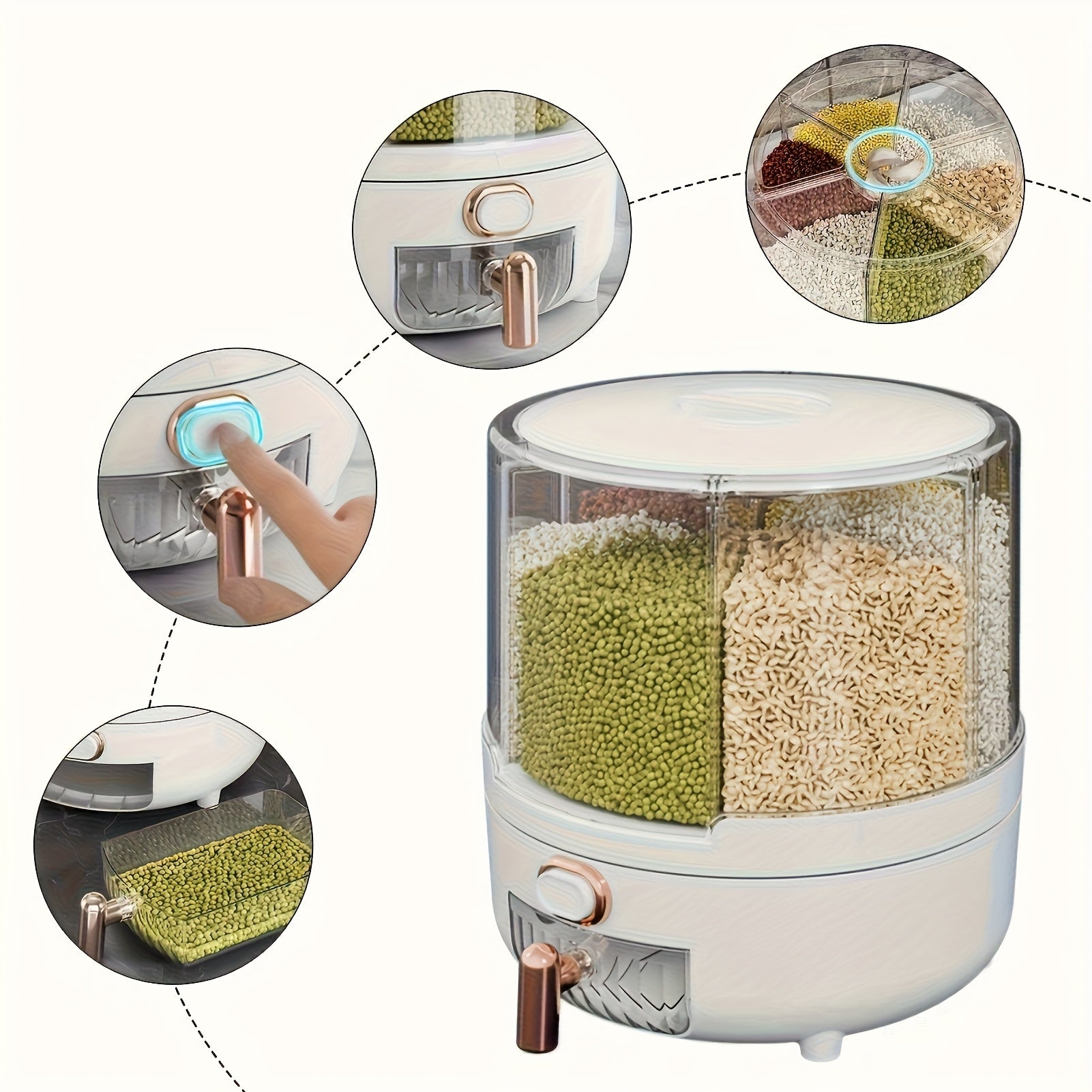 Balde de Arroz (Capacidad 4.54-6.8 KG), Dispensador de Almacenamiento de Granos, Caja para Granos Secos Giratoria 360°, 6 Compartimentos de Fácil Acceso para Granos Pequeños y Legumbres en la Cocina, ¡Caja de Almacenamiento de Arroz con Salida a Un Toque!