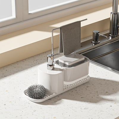 Juego de 1 dispensador de jabón y soporte para esponja 2 en 1 moderno para cocina, acero inoxidable 304, sin necesidad de electricidad o baterías, organizador para mesón de baño con bomba de jabón y dispensador de líquido para lavar platos