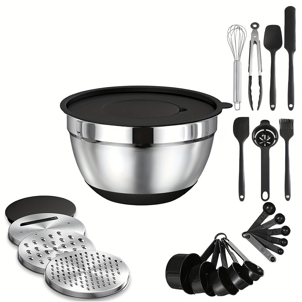 Juego de 22/32 tazones de acero inoxidable con tapa y rallador, anidables, antióxido, aptos para hornear, preparar, cocinar, mezclar ensaladas, servir alimentos, lavavajillas seguro, varios tamaños, ideal para Navidad, perfecto para Acción de Gracias