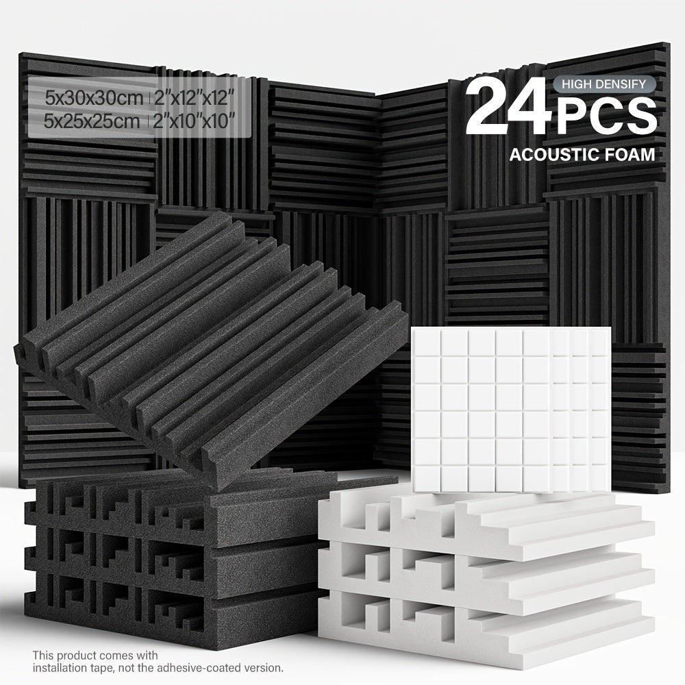 24 piezas de paneles de espuma acústica de alta densidad - 10x10x2/12x12x2 pulgadas, paneles de aislamiento acústico negros y blancos con adhesivo de doble cara para estudio, cine en casa, KTV - Instalación fácil, reducción de ruido, paneles de aislamien