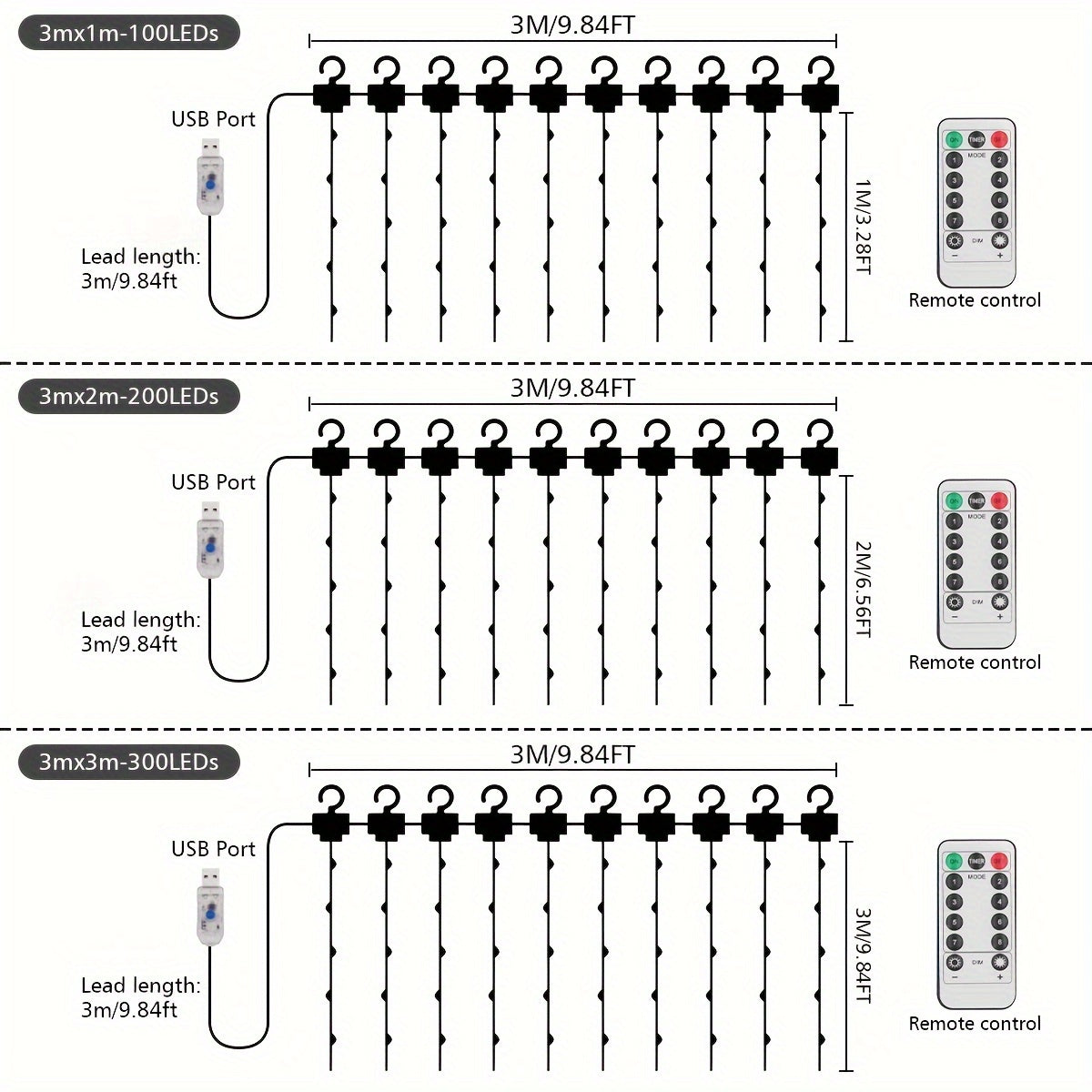 Luces de Hada para Cortina con Alimentación por USB y Control Remoto - 100/200/300 LED, Opciones en Blanco Cálido y Multicolor para Bodas, Fiestas, Hogar, Jardín, Decoración de Dormitorio - Material Plástico, Batería de Botón No Recargable Incluida, Sens