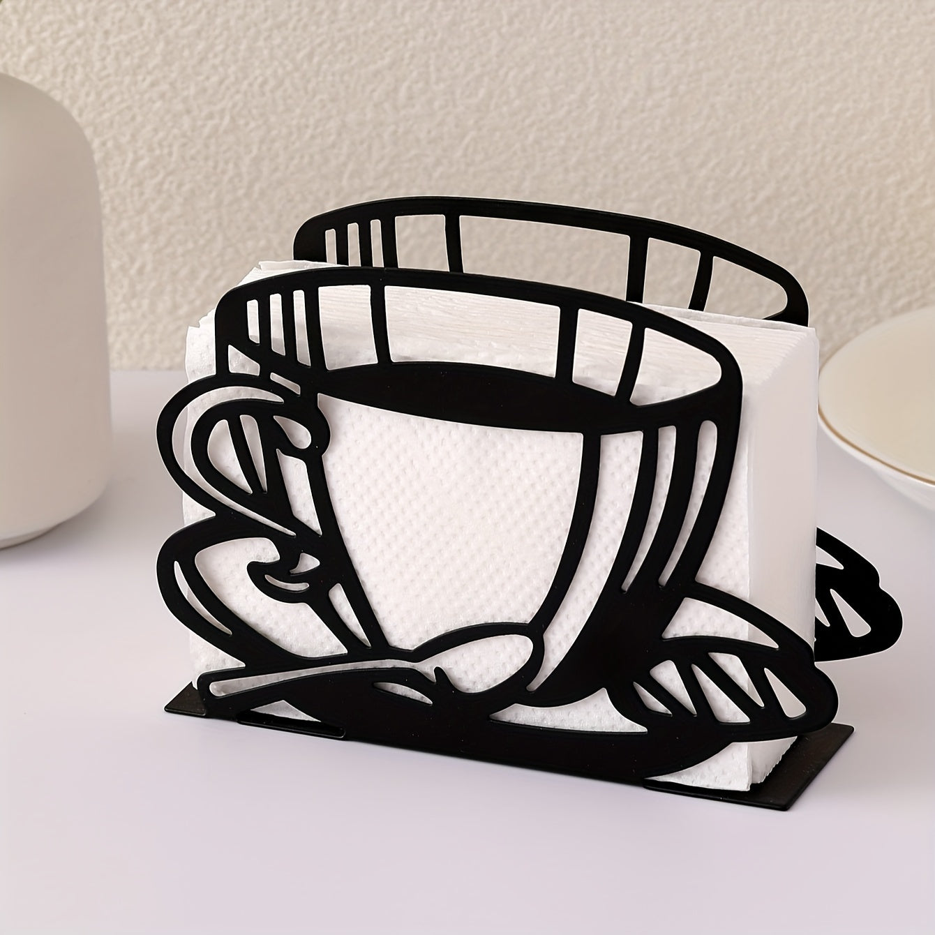 1pc Organizador de Servilletas y Papel de Hierro Fundido Resistente - Diseño de Taza de Café, Decoración para Mesa, Organizador de Encimera de Cocina para Comedor o Restaurante, Dispensador Elegante de Servilletas para Hogar o Uso Comercial, Accesorio So