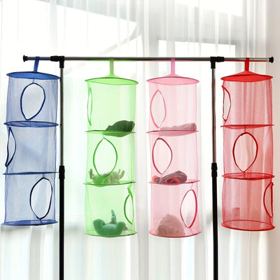 Hamaca para Peluches de 3 Compartimentos - Organizador de Juguetes Colgantes de Malla Colorida en Gris, Rojo, Azul, Rosa para el Almacenamiento de la Habitación de los Pequeños