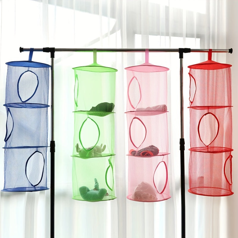 Hamaca para Peluches de 3 Compartimentos - Organizador de Juguetes Colgantes de Malla Colorida en Gris, Rojo, Azul, Rosa para el Almacenamiento de la Habitación de los Pequeños