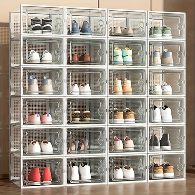 12/6 Piezas, Cajas De Almacenamiento De Zapatos, Plástico De Color Negro Transparente XL, Gabinetes De Organizador De Zapatos Cuadrados Con Tapas, Impermeables, Multi-Propósito, Diseño De Tapa Abatible, Cajones De Almacenamiento De Hogar Y Cocina