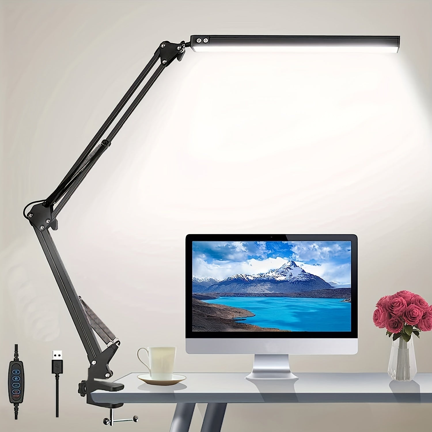 Linterna de Escritorio Ajustable con Cuello Flexible y 3 Modos de Iluminación, 10 Niveles de Brillo y Función de Memoria, Luz Metálica Alimentada por USB con Ajuste de Temperatura de Color para Oficina en Casa o Residencia Estudiantil, Regalo de Navidad