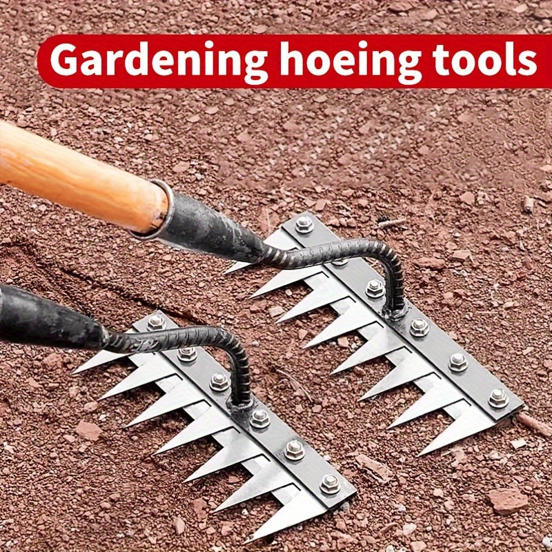 Herramienta de control de malezas de alta resistencia multifuncional - Rastrillo manual para descompactar el suelo con dientes de metal afilados, mango ergonómico para el cuidado de césped, jardinería, arado y ventilación - No requiere electricidad, herr