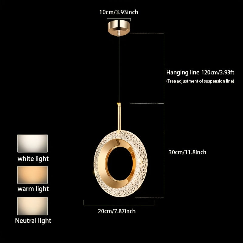 Lámpara colgante moderna dorada, lámpara colgante con anillo, pantalla de lámpara de acrílico, interruptor LED de tres colores, adecuado para isla de cocina, comedor, dormitorio, lámpara colgante (anillo simple/doble)