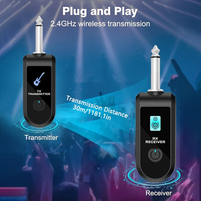 ESAY sistema de radio para guitarra, con batería recargable incorporada, transmisor y receptor sin varillas de audio con bajo, conector 6.35mm para guitarras eléctricas, bajos, violines eléctricos, teclados electrónicos e instrumentos musicales y efectos