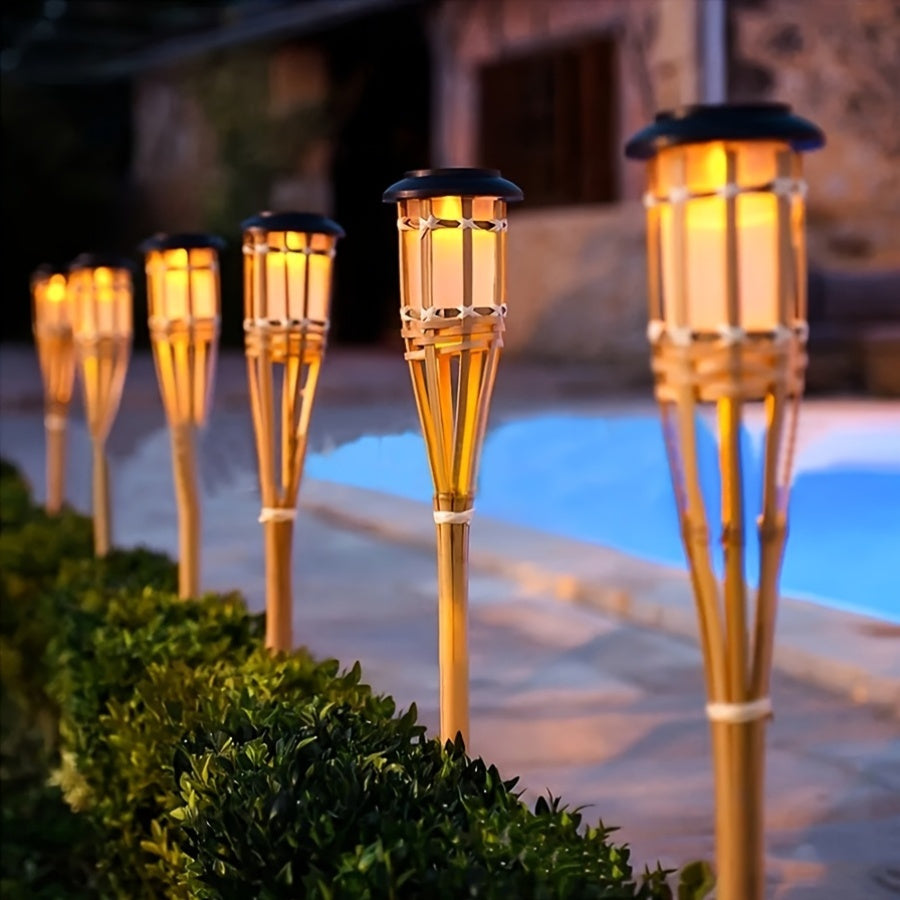 Faroles de bambú alimentados por energía solar, antorchas de arte de bambú, iluminación decorativa LED para exteriores, luces de jardín solares, luces de césped para caminos, jardines, patios, jardines, decoraciones festivas para Navidad, Halloween y Año