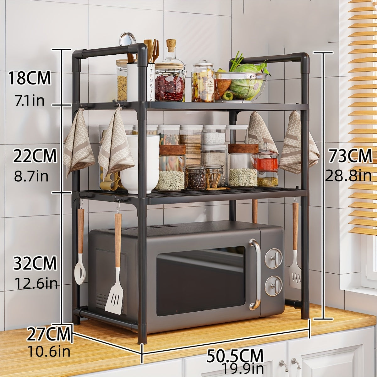 1pc Rejilla Expansible de Acero al Carbono para Microondas - Organizador de 2 Niveles para Utensilios de Cocina y Vajilla, Diseño Elegante con Almacenamiento Abierto, Regalo Ideal para el Día de la Madre