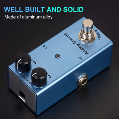 Efecto de coro de guitarra analógico, pedal de aluminio, conmutación de verdadero bypass, alimentado por USB, DC 9V, con cable de aumento de 5V a 9V USB, control de botón, azul claro para guitarra
