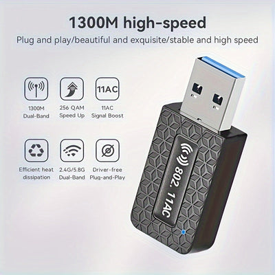 Adaptador WiFi Router para escritorio con 1300Mbps, doble banda 2.4GHz y 5.8GHz, antena de alta ganancia, modo USB, compatible con Windows 7/8/8.1/10/11, batería de botón no recargable, no incluye batería, router para hogar y oficina.