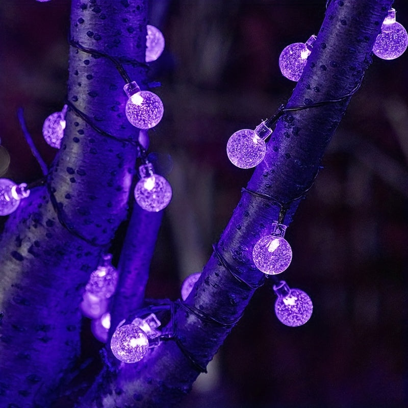 Luz de burbujas solar con 8 funciones, color morado, diámetro de bola 1.7 cm/0.67 pulgadas, luces decorativas para Halloween, lámpara de ambiente festivo, 1 cuerda (5 metros y 20 luces o 6.5 metros y 30 luces)