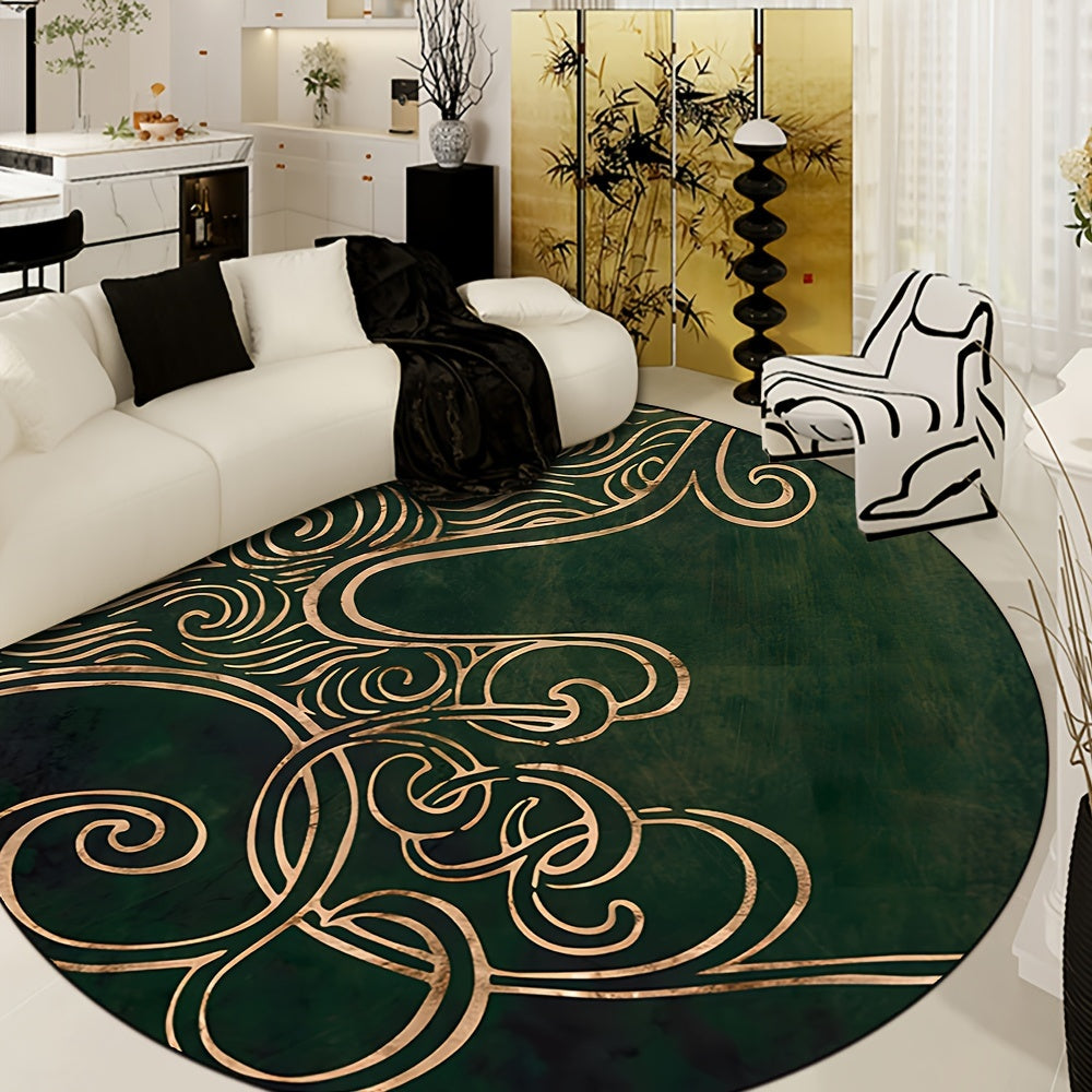Alfombra redonda de lujo verde oscuro, diseño de líneas simples, poliéster resistente a las manchas, para sala de estar, dormitorio, decoración de silla de oficina, lavable a máquina, decoración de dormitorio de entrada