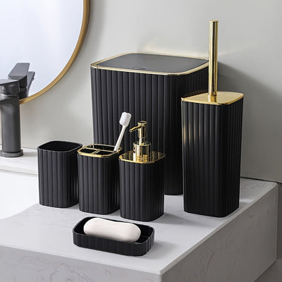 Juego de accesorios de baño de 6 piezas negro con soporte de cepillo de dientes, dispensador de jabón, bote de basura, cepillo de inodoro y soporte, plato de jabón - Plástico duradero, reutilizable, montaje en suelo