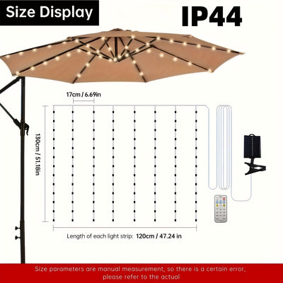 Luces Solares de Sombrilla TPGEBO con Control Remoto - 8 Modos de Brillo, Función de Temporizador, Pinza para Panel Solar para Patio, Playa, Jardín y Decoraciones de Fiesta (Incluye Pilas), Luces Solares Exteriores