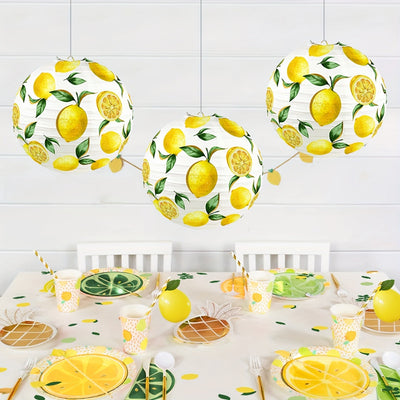 Faroles de papel con diseño de limón, juego de 3 - Faroles decorativos vibrantes con estampado de cítricos frescos - Decoración refrescante para eventos en el jardín, cocina y fiestas de invierno