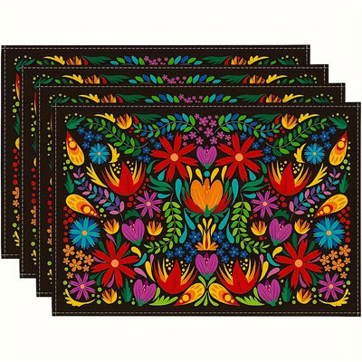 Juego de 4 Manteles Individuales con Diseño Mexicano y Flores - Vivos para el Día de los Muertos, Solo Lavado a Mano, Tapetes Rectangulares de Poliéster al 100% para Fiesta de Halloween y Decoración del Hogar
