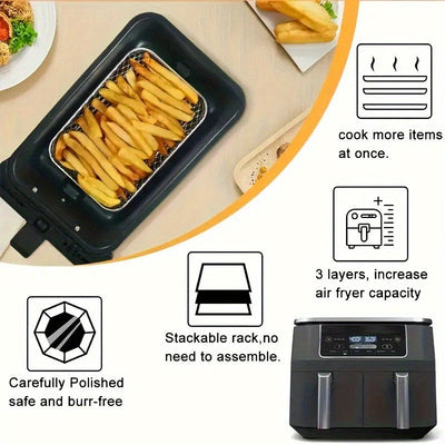 3pcs Accesorios de Acero Inoxidable para Freidora de Aire - Rejilla Rectangular Multifuncional, Apto para Microondas, Apilable y Antiadherente - Adecuado para la Mayoría de Freidoras de Aire, Revestimiento para Freidora de Aire