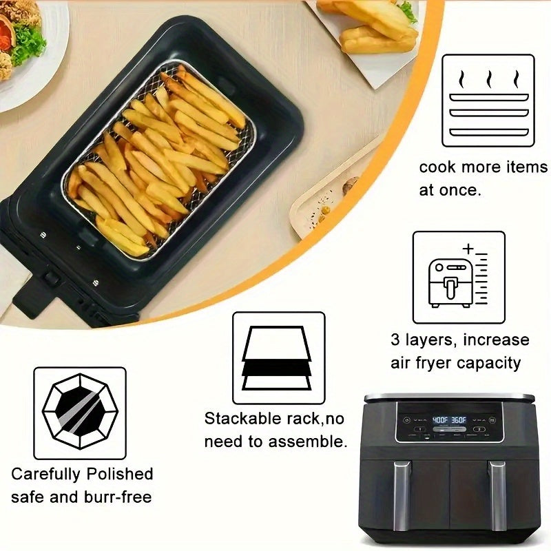 3pcs Accesorios de Acero Inoxidable para Freidora de Aire - Rejilla Rectangular Multifuncional, Apto para Microondas, Apilable y Antiadherente - Adecuado para la Mayoría de Freidoras de Aire, Revestimiento para Freidora de Aire