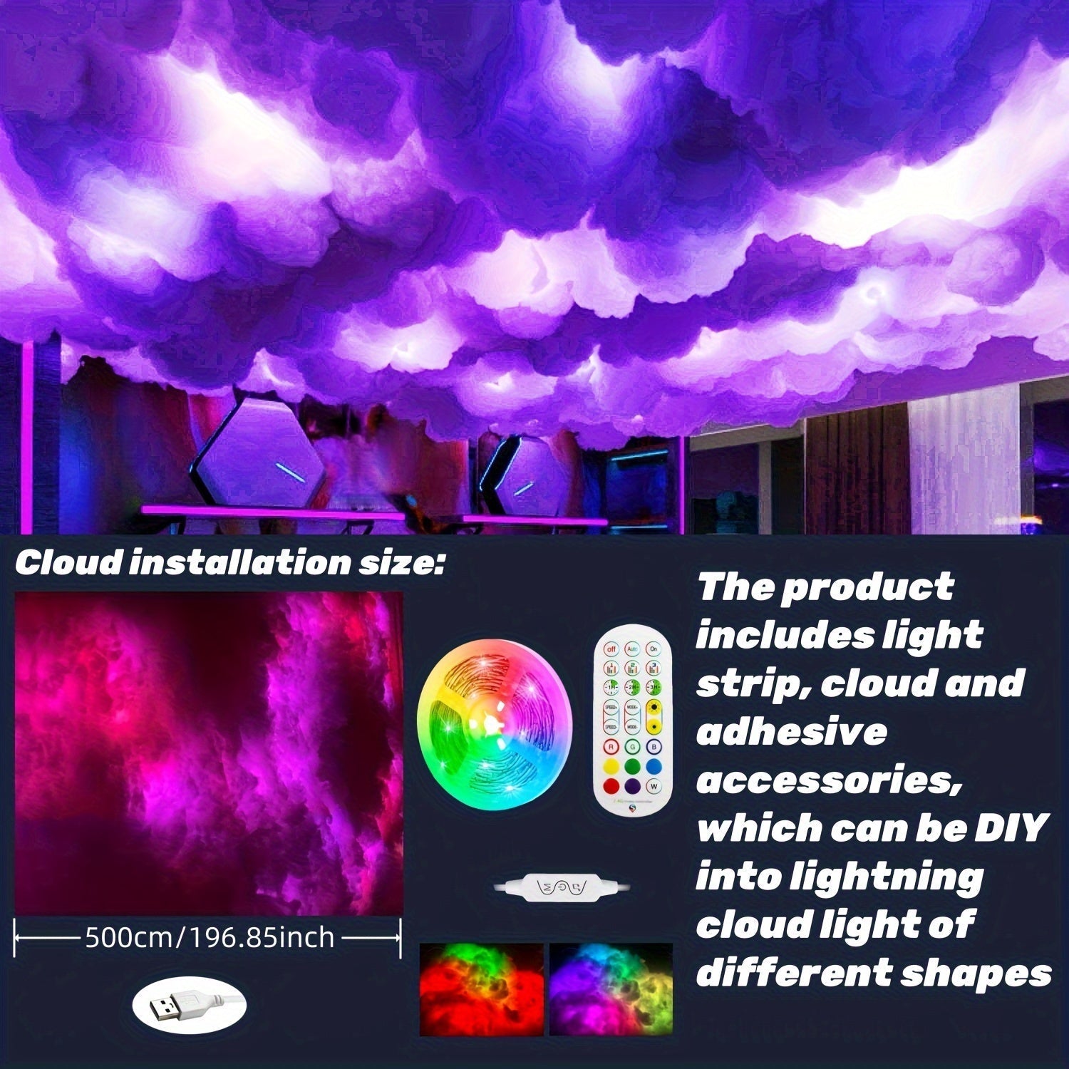 Kit de luz de nube LED RGB de 5m con sincronización de música, luces de tira multicolor cambiantes para sala de juegos, dormitorio, fiesta - Alimentado por USB, control de aplicación, batería de botón no recargable incluida, funcionalidad inalámbrica - 1