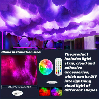 Kit de luz de nube LED RGB de 5m con sincronización de música, luces de tira multicolor cambiantes para sala de juegos, dormitorio, fiesta - Alimentado por USB, control de aplicación, batería de botón no recargable incluida, funcionalidad inalámbrica - 1