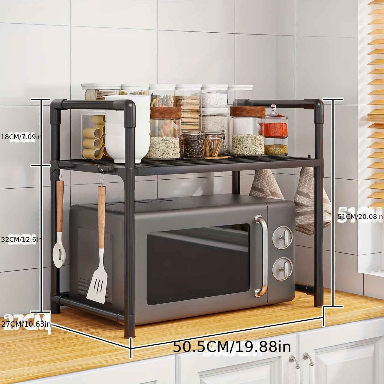 1pieza Estantería de acero inoxidable para microondas, estantería de doble horno de 1-Tier/2-Tier de piso a pie, estantería de almacenamiento de varias capas para cocina y comedor, no requiere batería, estantería de almacenamiento de cocina | Estantería