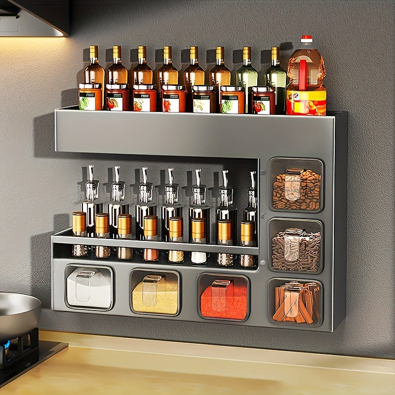 Joybos Estante de Especias de Metal Montado en la Pared con 6 Contenedores Colgantes para Especias - Sellado para Resistencia a la Humedad, Instalación Rápida, Ideal para Almacenamiento de Condimentos de Alimentos