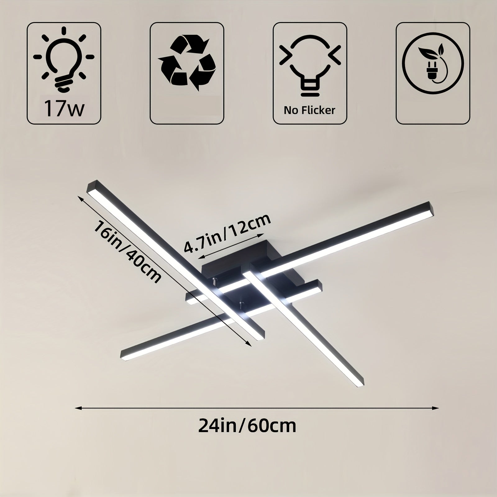 24 pulgadas/60 cm Lámpara de techo moderna, Iluminación de techo LED, Lámpara de techo empotrada negra para dormitorio, estudio, cocina, sala de estar