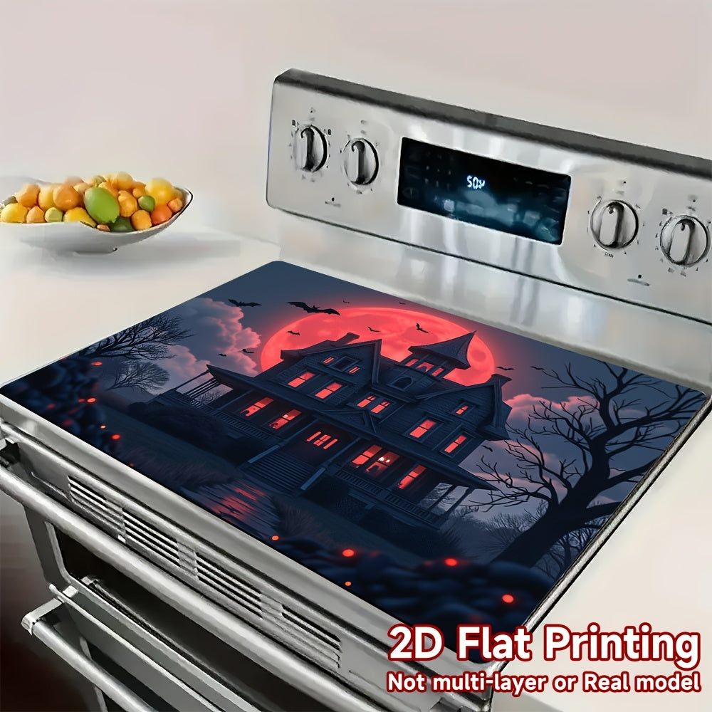 1pc Alfombrilla para Estufa de Halloween - Casa Encantada, Murciélagos, Cielo Nocturno con Luna Roja - Protector Antideslizante para Cocina, Lavadora, Secadora y Cafetera - Fácil Limpieza en Poliéster, Decoración Temática de Terror, Impresión Plana 2D, C
