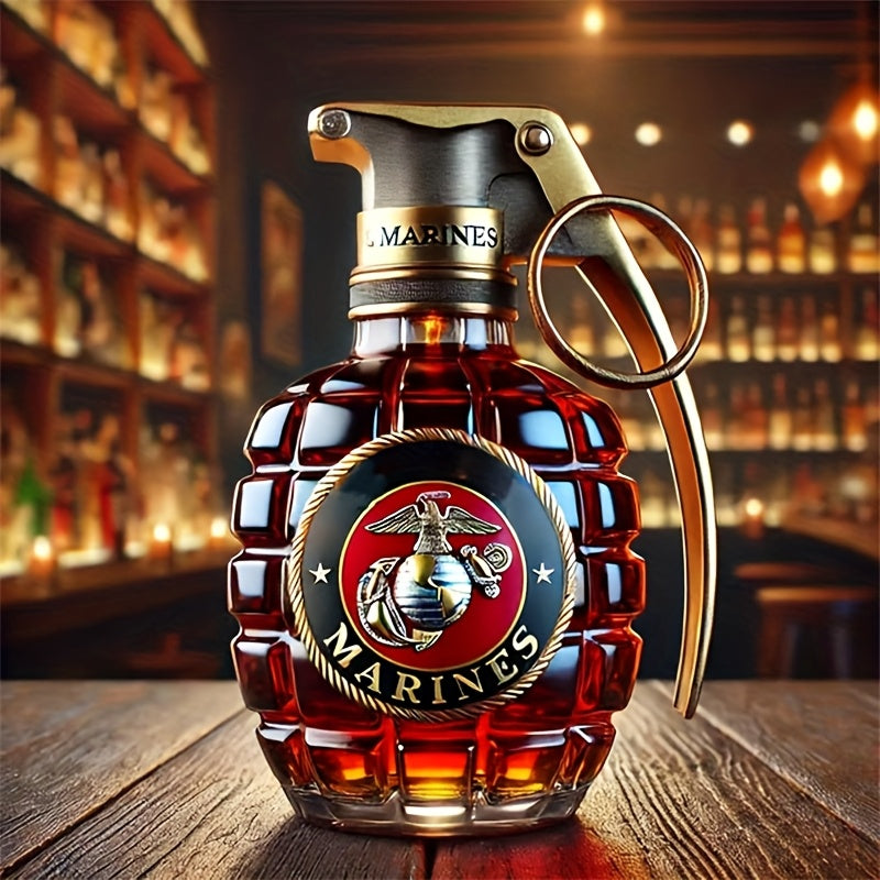 Botella de Whisky en Forma de Granada Militar 1pz - Vidrio Grabado de 300ml, Diseño Antifugas y Duradero, Decantador con Cordón , Regalo Ideal para Veteranos en Acción de Gracias o Temporada de Graduación, Vajilla Novedosa, Decoración Temática Militar, S
