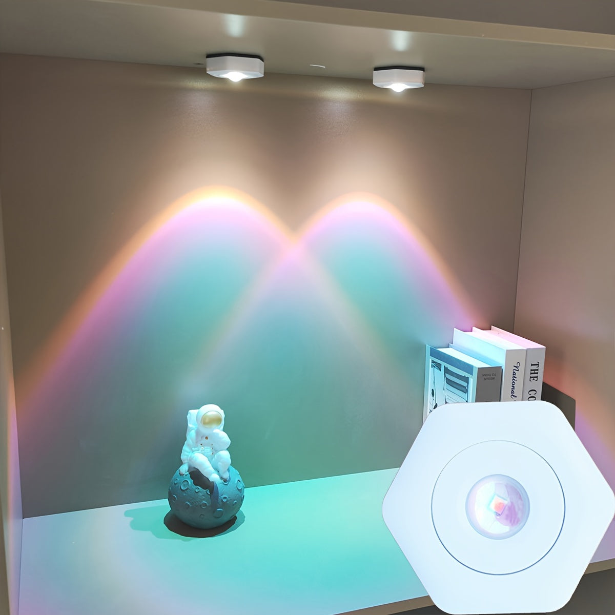 1 lámpara LED de pared con cambio de color, diseño hexagonal blanco tipo ojo de gato, proyección de arcoíris y atardecer, brillo ajustable, funciona con pilas (3xAAA), decoración moderna para cocina, baño o sala, luz para cocina | lámpara de pared modern