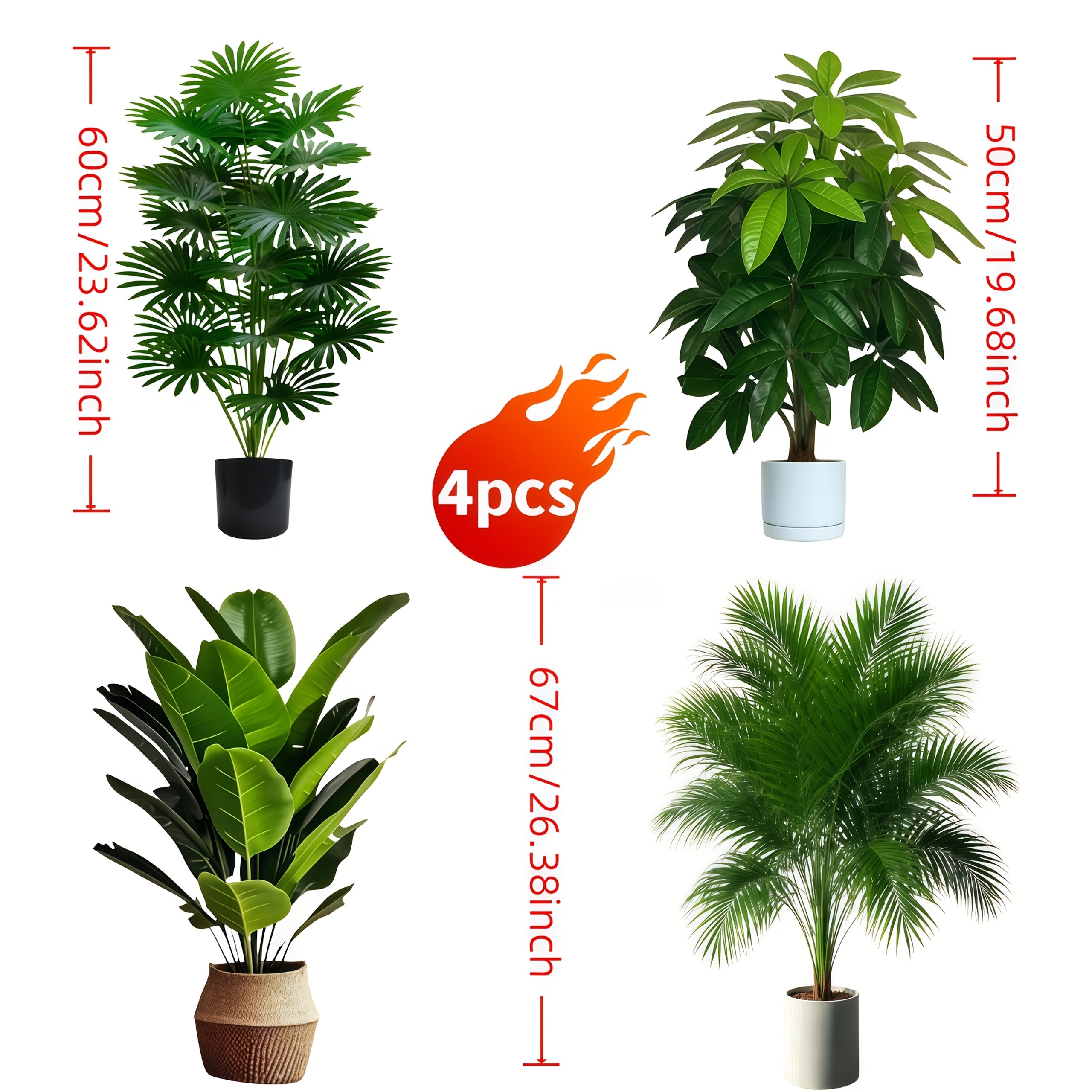 4 piezas, incluye 48 plantas artificiales de hoja grande - árbol de fortuna lush y palma ave del paraíso, aptas para uso exterior - árboles decorativos tropicales de hoja ancha sin mantenimiento, plantas en maceta aptas todo el año para interior/exterior