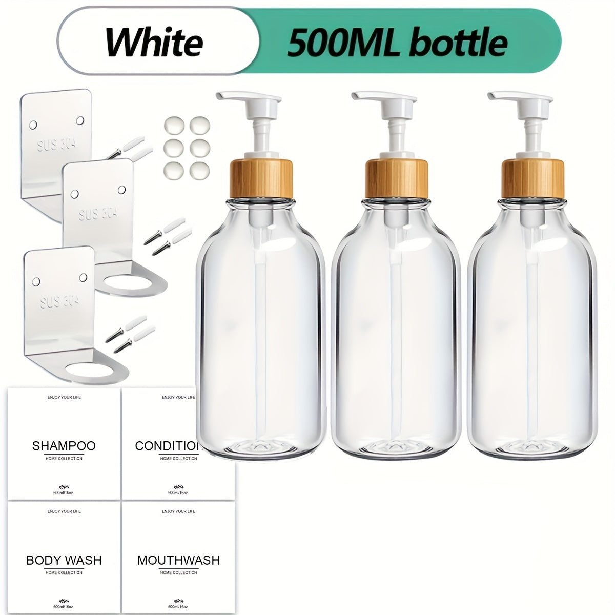 Juego de 3 dispensadores para baño, para champú y gel de ducha, con etiquetas impermeables y soporte, dispensador de jabón recargable, decoración para el hogar