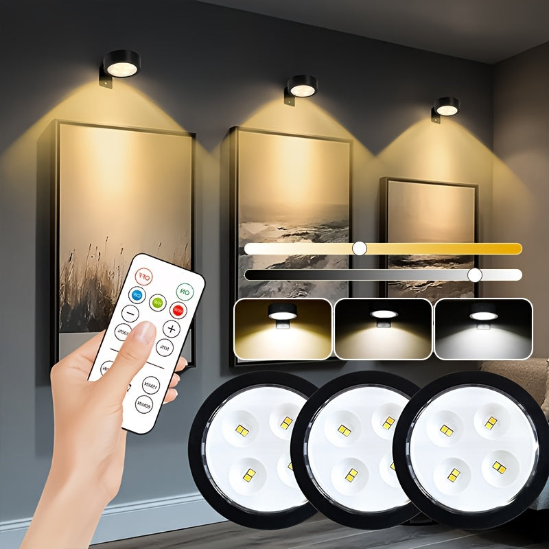3 piezas de luz LED montada en pared + magnética, 3 colores ajustables con temporizador, decoración para hogar, luz bajo mueble, control remoto + doble control por pulsador, para oficina, armario, vitrina, pasillo y escaleras