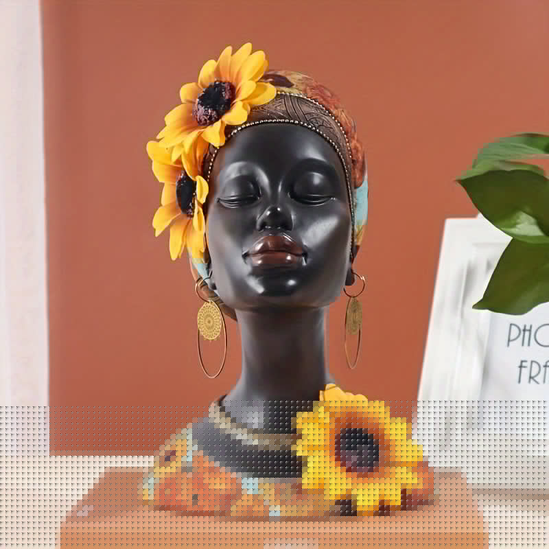 [Estatua Vintage de Mujer Tribal] Figura Vintage de 1 pza de Resina - Estatua de Mujer Negra con Tocado de Girasol - Decoración Exótica Tribal Africana - Ideal para Sala de Estar, Entrada, Vitrina de Vinos, Decoración Creativa para el Hogar